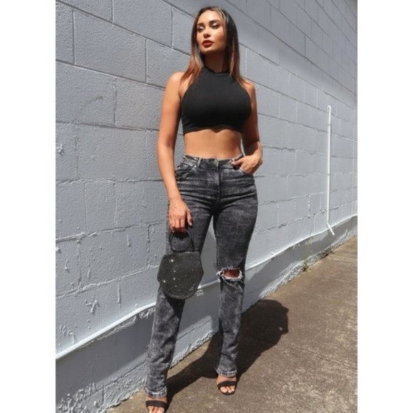 Gray Acid Wash High Waist Ripped Distressed Straight Leg Jeans Denim Pants - Picture 6 of 15